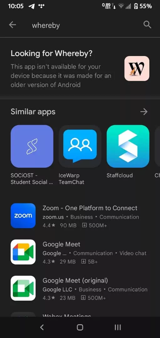 Whereby App not available from Google Play